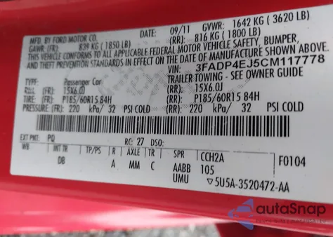 2012 Ford Fiesta Se z USA, uszkodzony, nr VIN 3FADP4EJ5CM117778